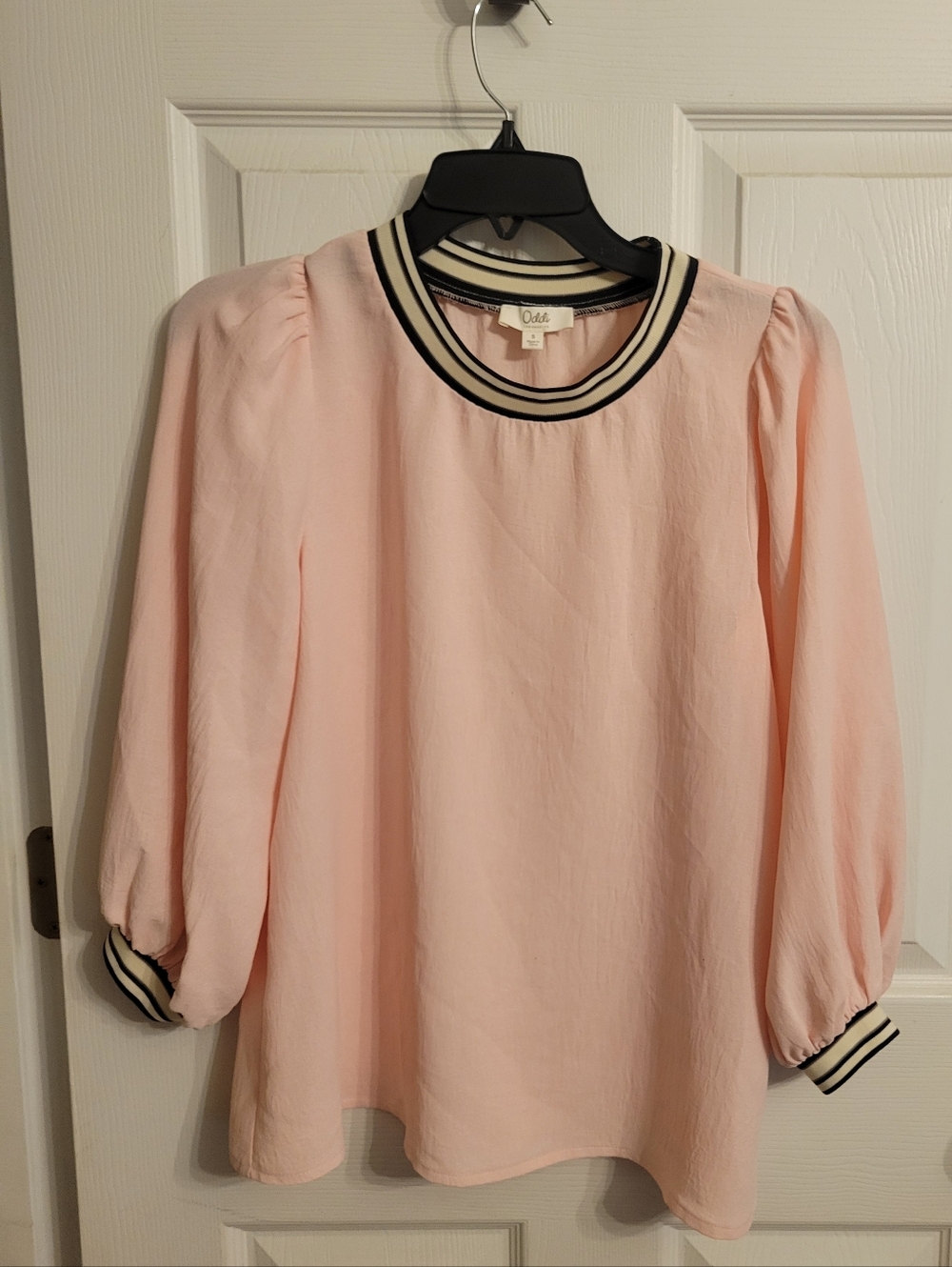 Oddi Blush Pink Puff-Sleeve Blouse with Striped Trim